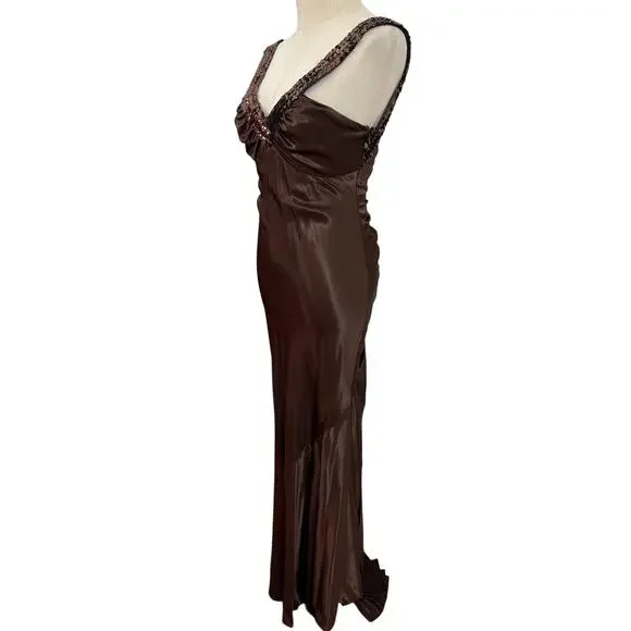 Vtg 90s Zum Zum brown satin dress sequin straps evening gown ruched low back 3/4 - Picture 4 of 8